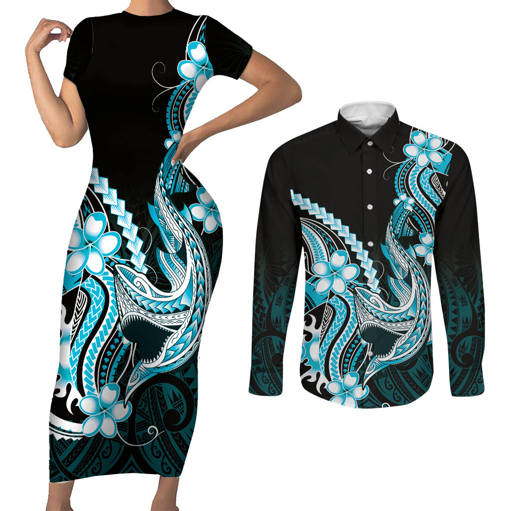 Blue Black Aloha Hawaii Couples Matching Short Sleeve Bodycon Dress and Long Sleeve Button Shirt Polynesian Shark Tattoo Plumeria LT14 Blue - Polynesian Pride
