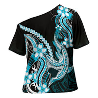 Blue Black Aloha Hawaii Cross Shoulder Shirt Polynesian Shark Tattoo Plumeria LT14 - Polynesian Pride