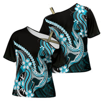 Blue Black Aloha Hawaii Cross Shoulder Shirt Polynesian Shark Tattoo Plumeria LT14 - Polynesian Pride