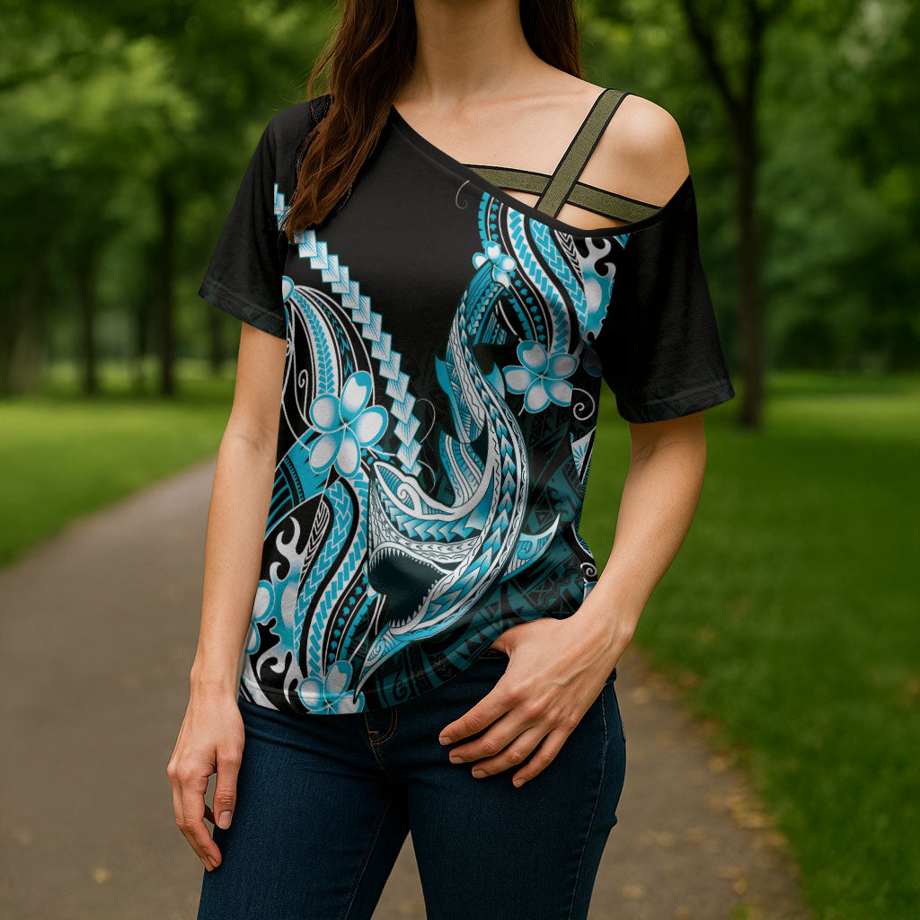 Blue Black Aloha Hawaii Cross Shoulder Shirt Polynesian Shark Tattoo Plumeria LT14 - Polynesian Pride