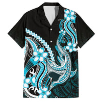 Blue Black Aloha Hawaii Family Matching Long Sleeve Bodycon Dress and Hawaiian Shirt Polynesian Shark Tattoo Plumeria LT14 Dad's Shirt - Short Sleeve Blue - Polynesian Pride