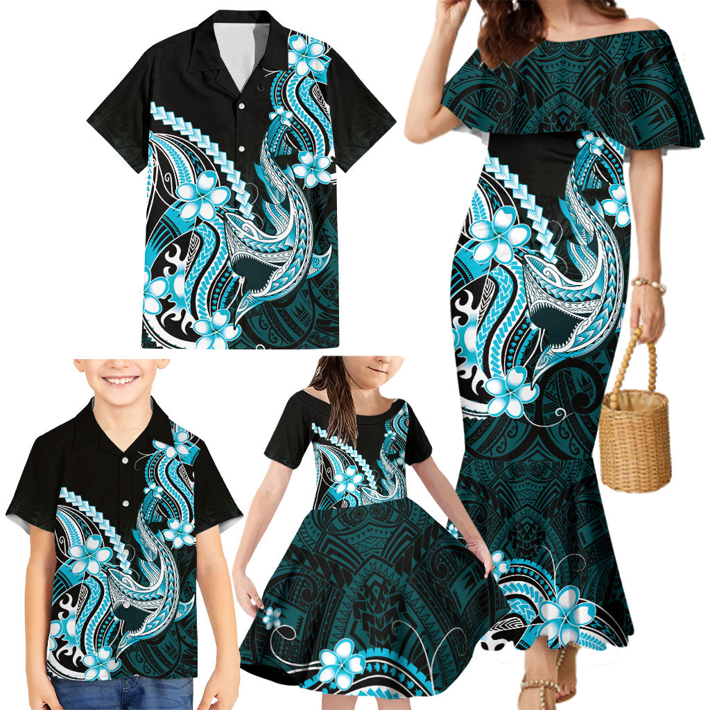 Blue Black Aloha Hawaii Family Matching Mermaid Dress and Hawaiian Shirt Polynesian Shark Tattoo Plumeria LT14 - Polynesian Pride