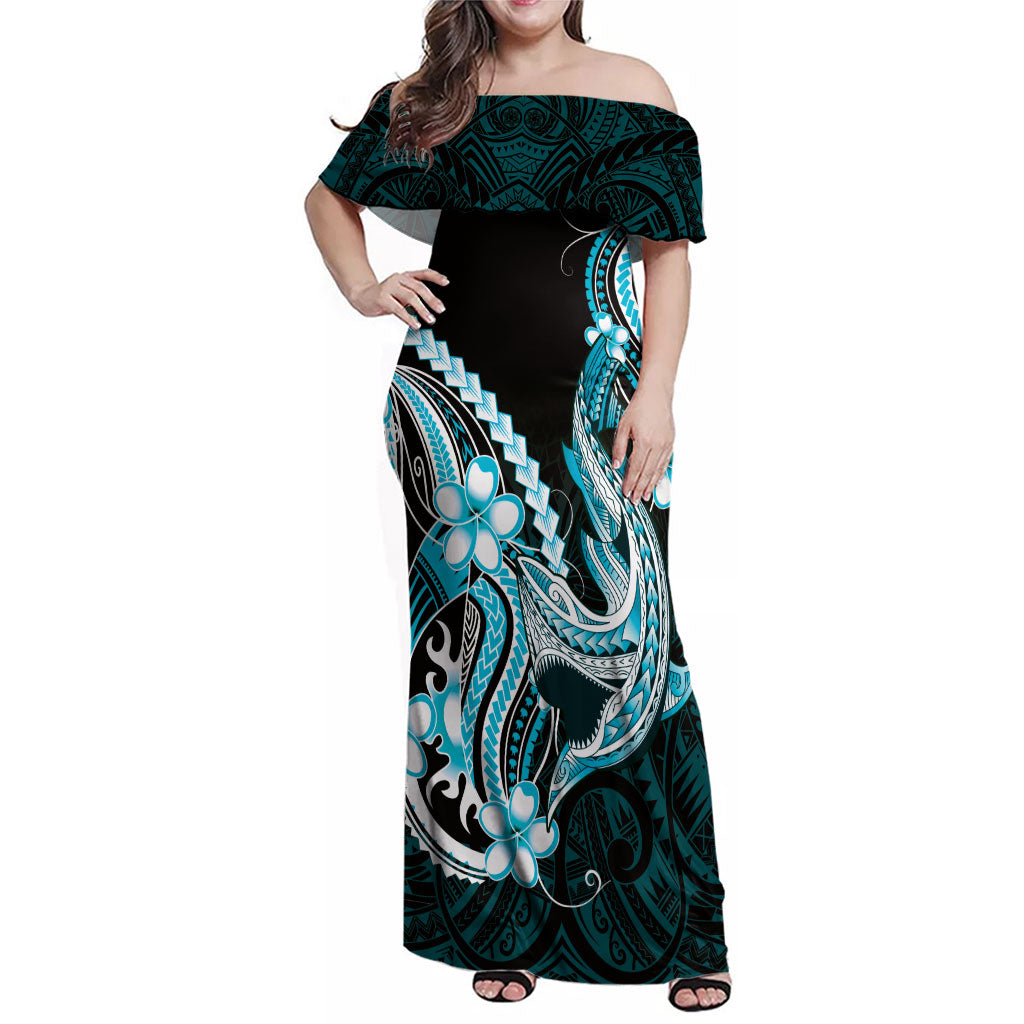 Blue Black Aloha Hawaii Family Matching Off Shoulder Maxi Dress and Hawaiian Shirt Polynesian Shark Tattoo Plumeria LT14 Mom's Dress Blue - Polynesian Pride