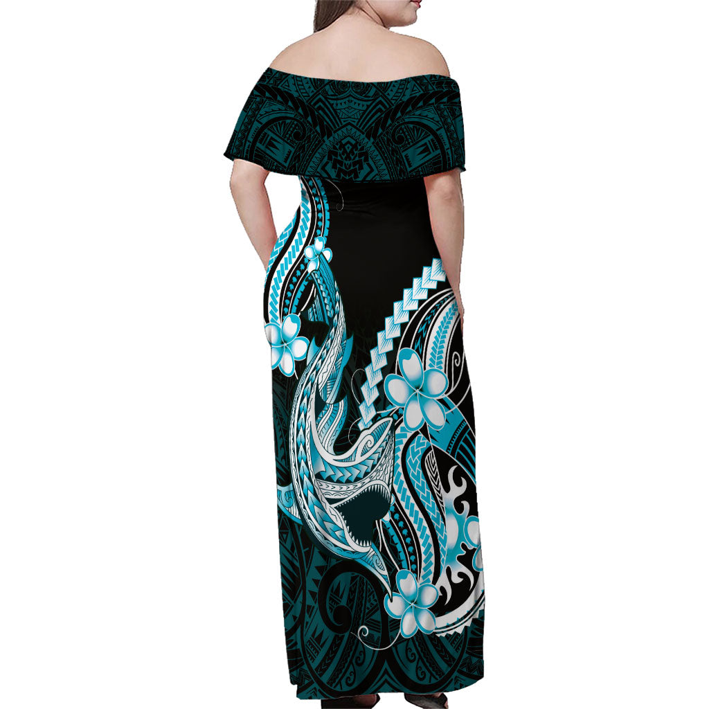 Blue Black Aloha Hawaii Family Matching Off Shoulder Maxi Dress and Hawaiian Shirt Polynesian Shark Tattoo Plumeria LT14 - Polynesian Pride