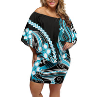 Blue Black Aloha Hawaii Family Matching Off Shoulder Short Dress and Hawaiian Shirt Polynesian Shark Tattoo Plumeria LT14 Mom's Dress Blue - Polynesian Pride