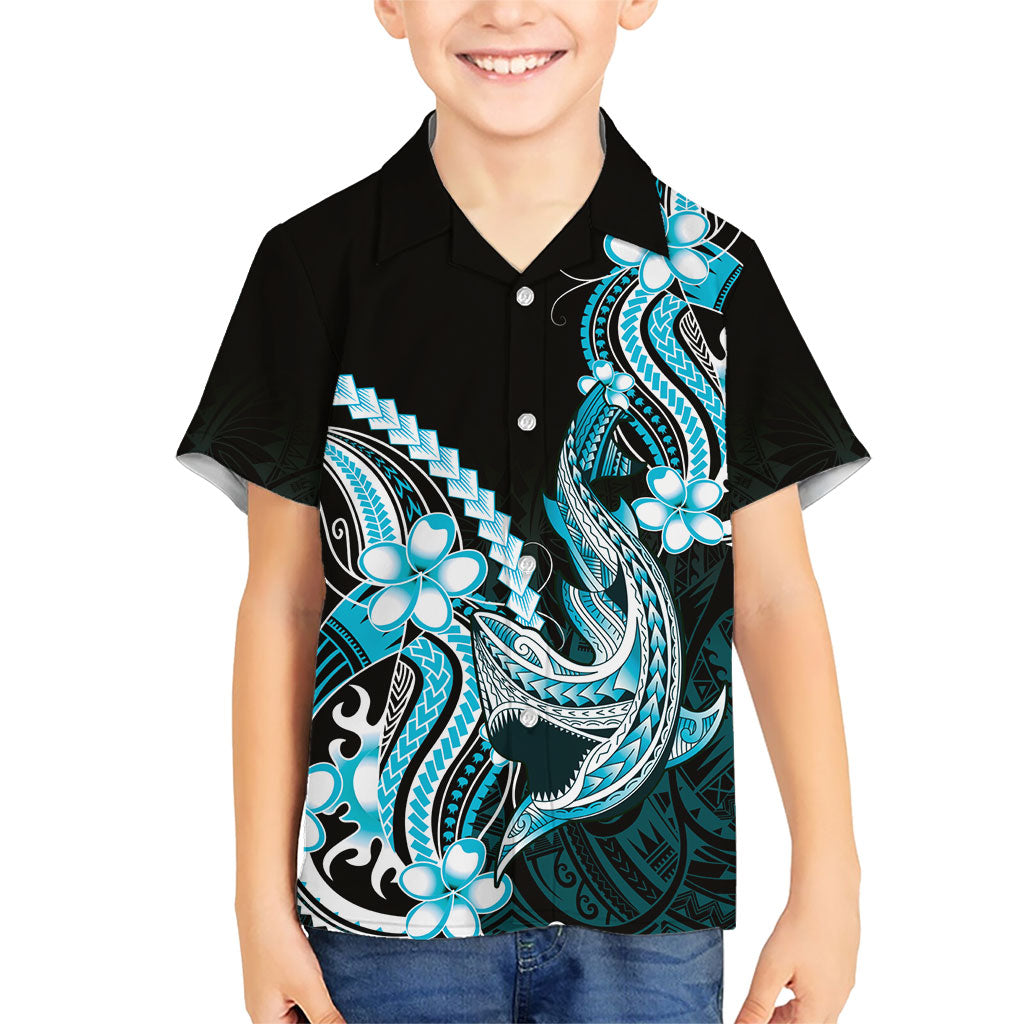 Blue Black Aloha Hawaii Family Matching Off Shoulder Short Dress and Hawaiian Shirt Polynesian Shark Tattoo Plumeria LT14 Son's Shirt Blue - Polynesian Pride