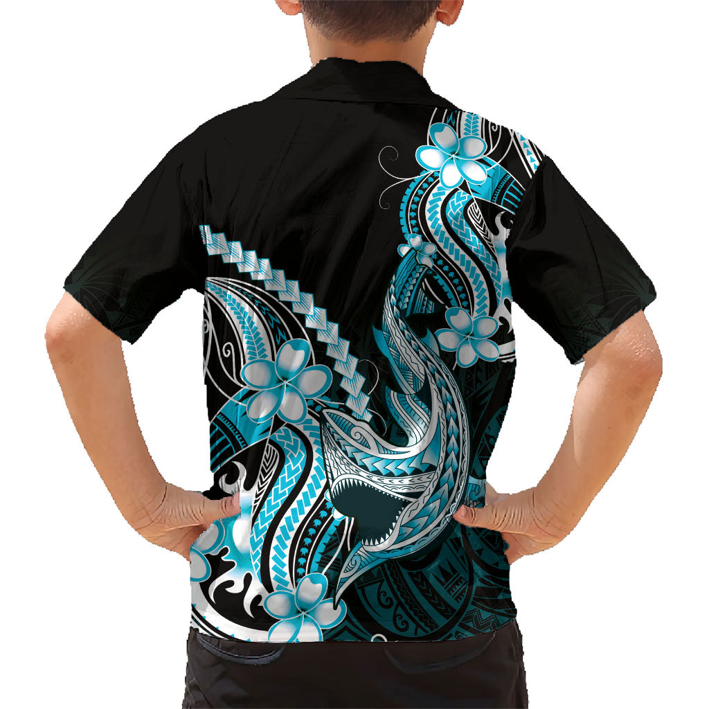 Blue Black Aloha Hawaii Family Matching Puletasi and Hawaiian Shirt Polynesian Shark Tattoo Plumeria LT14 - Polynesian Pride