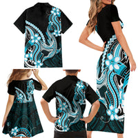 Blue Black Aloha Hawaii Family Matching Short Sleeve Bodycon Dress and Hawaiian Shirt Polynesian Shark Tattoo Plumeria LT14 - Polynesian Pride
