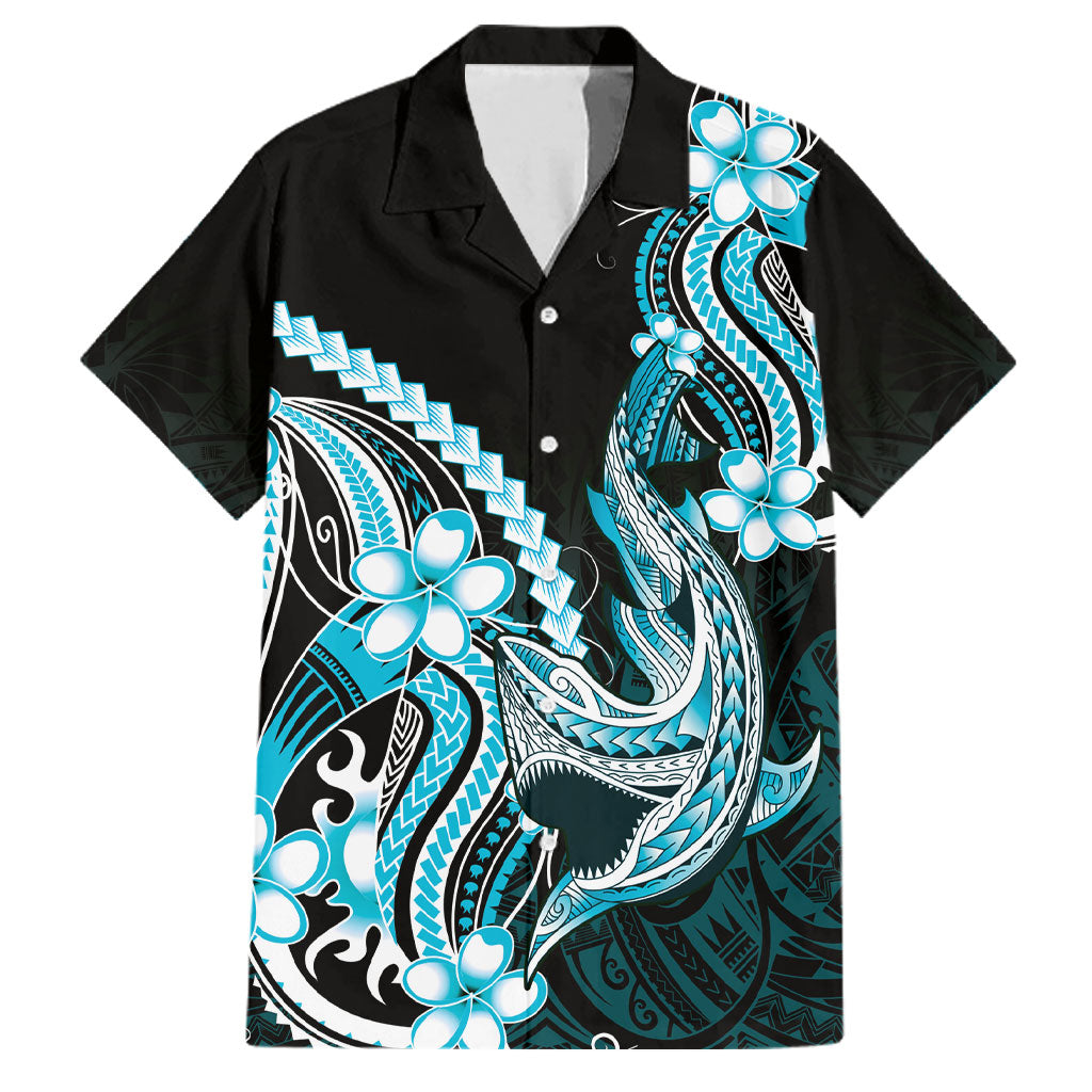 Blue Black Aloha Hawaii Family Matching Short Sleeve Bodycon Dress and Hawaiian Shirt Polynesian Shark Tattoo Plumeria LT14 Dad's Shirt - Short Sleeve Blue - Polynesian Pride
