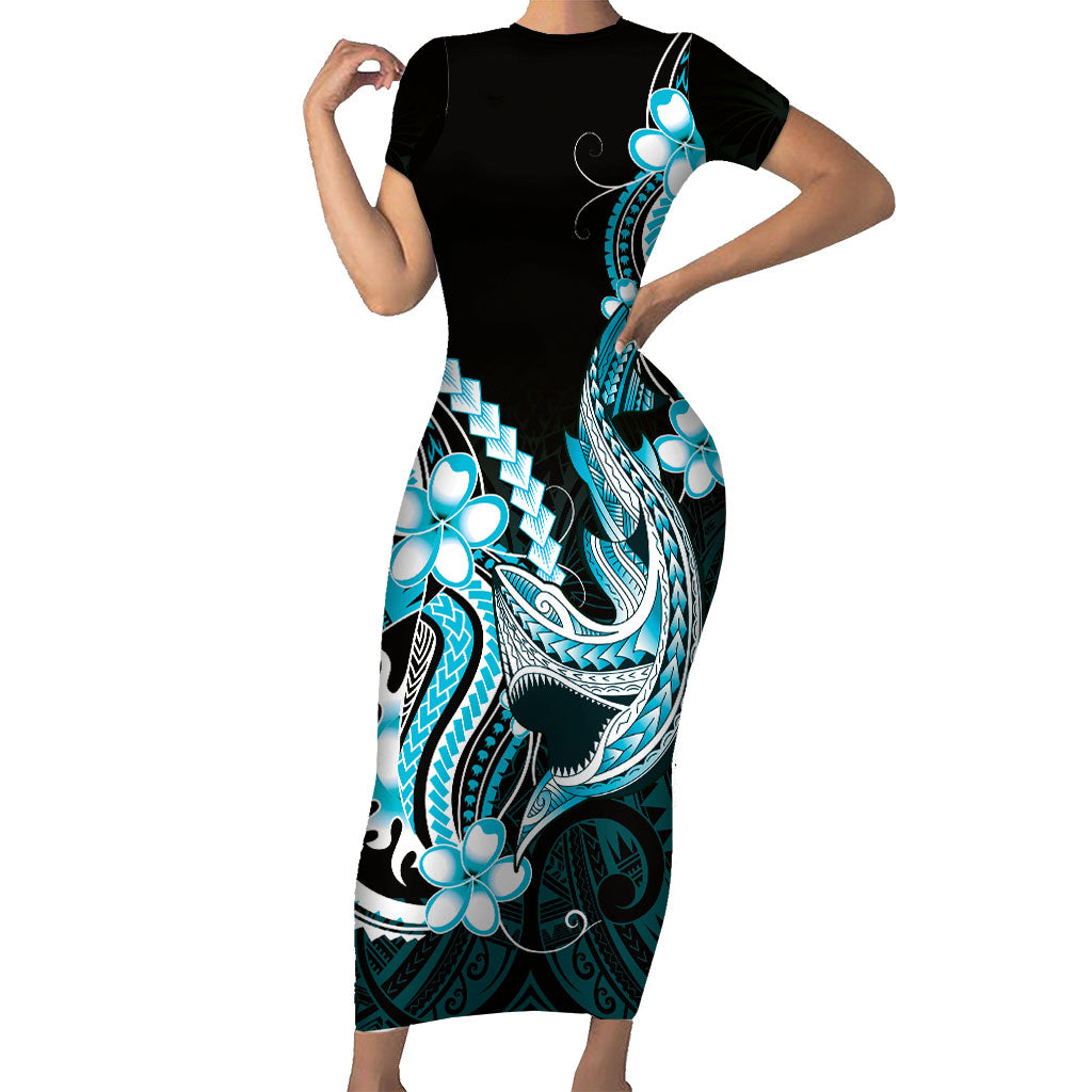 Blue Black Aloha Hawaii Family Matching Short Sleeve Bodycon Dress and Hawaiian Shirt Polynesian Shark Tattoo Plumeria LT14 Mom's Dress Blue - Polynesian Pride
