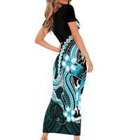 Blue Black Aloha Hawaii Family Matching Short Sleeve Bodycon Dress and Hawaiian Shirt Polynesian Shark Tattoo Plumeria LT14 - Polynesian Pride