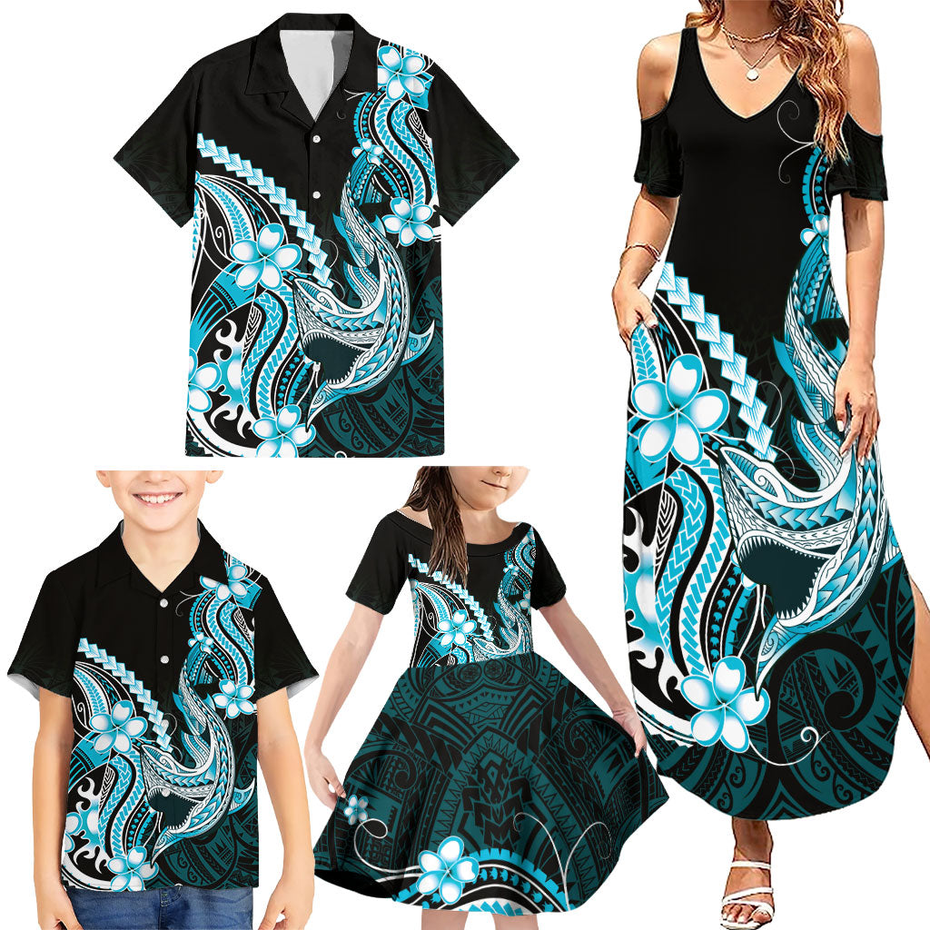 Blue Black Aloha Hawaii Family Matching Summer Maxi Dress and Hawaiian Shirt Polynesian Shark Tattoo Plumeria LT14 - Polynesian Pride