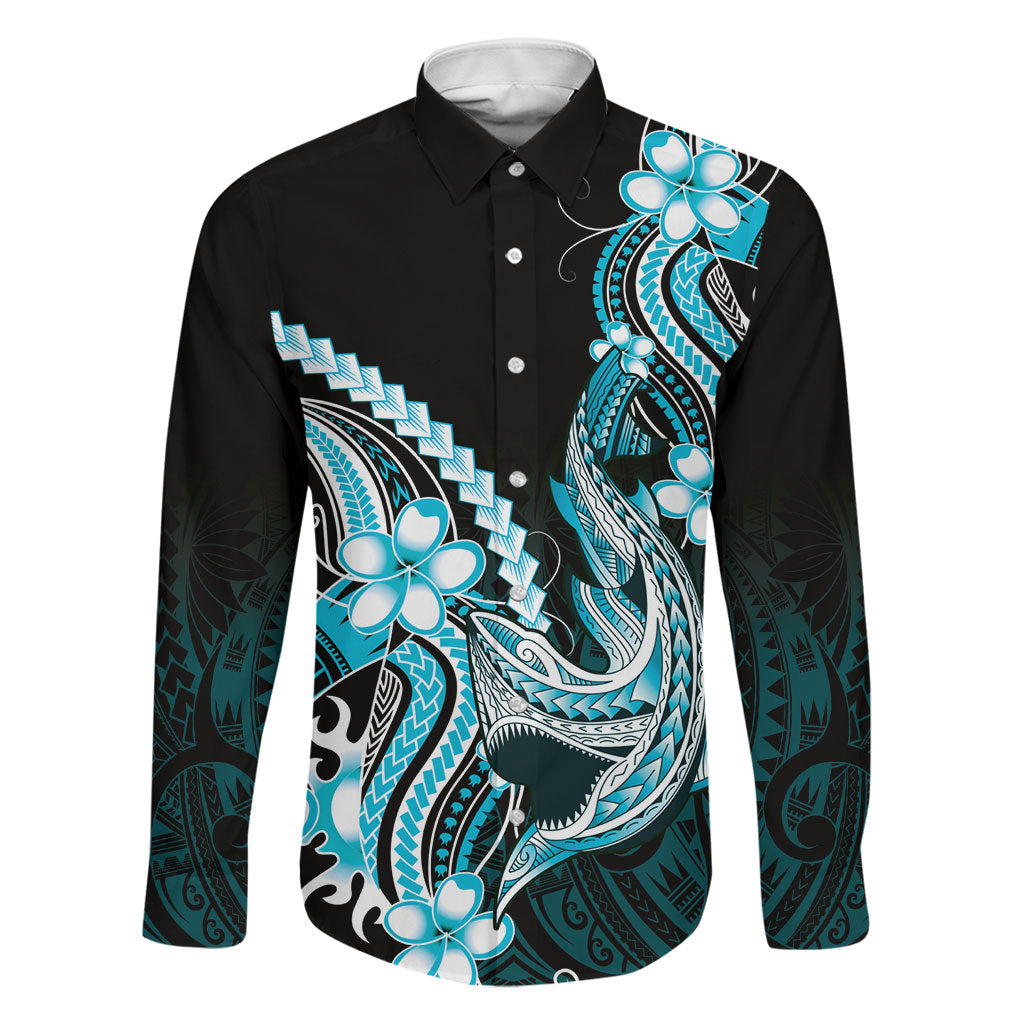 Blue Black Aloha Hawaii Family Matching Summer Maxi Dress and Hawaiian Shirt Polynesian Shark Tattoo Plumeria LT14 Dad's Shirt - Long Sleeve Blue - Polynesian Pride