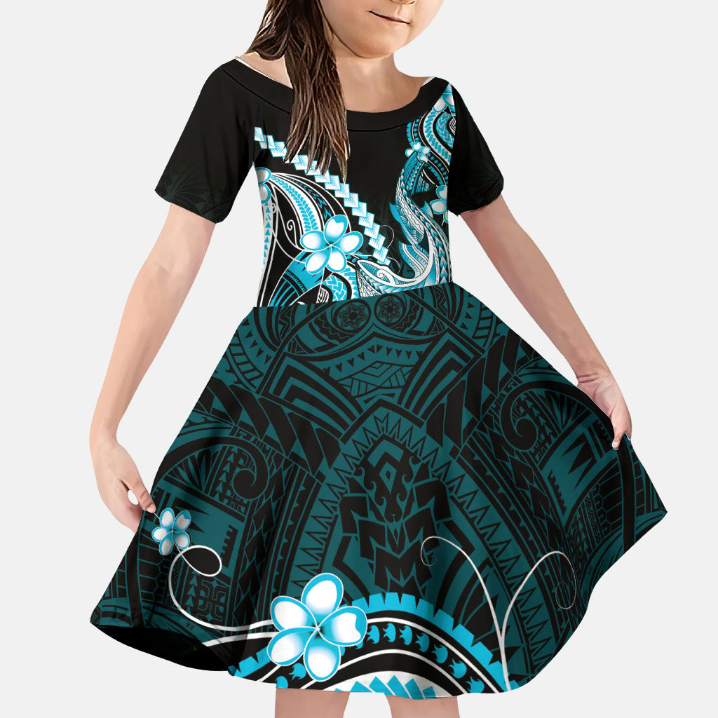 Blue Black Aloha Hawaii Family Matching Tank Maxi Dress and Hawaiian Shirt Polynesian Shark Tattoo Plumeria LT14 Daughter's Dress Blue - Polynesian Pride