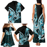 Blue Black Aloha Hawaii Family Matching Tank Maxi Dress and Hawaiian Shirt Polynesian Shark Tattoo Plumeria LT14 - Polynesian Pride