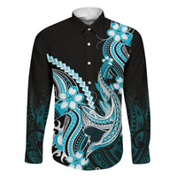 Blue Black Aloha Hawaii Family Matching Tank Maxi Dress and Hawaiian Shirt Polynesian Shark Tattoo Plumeria LT14 Dad's Shirt - Long Sleeve Blue - Polynesian Pride