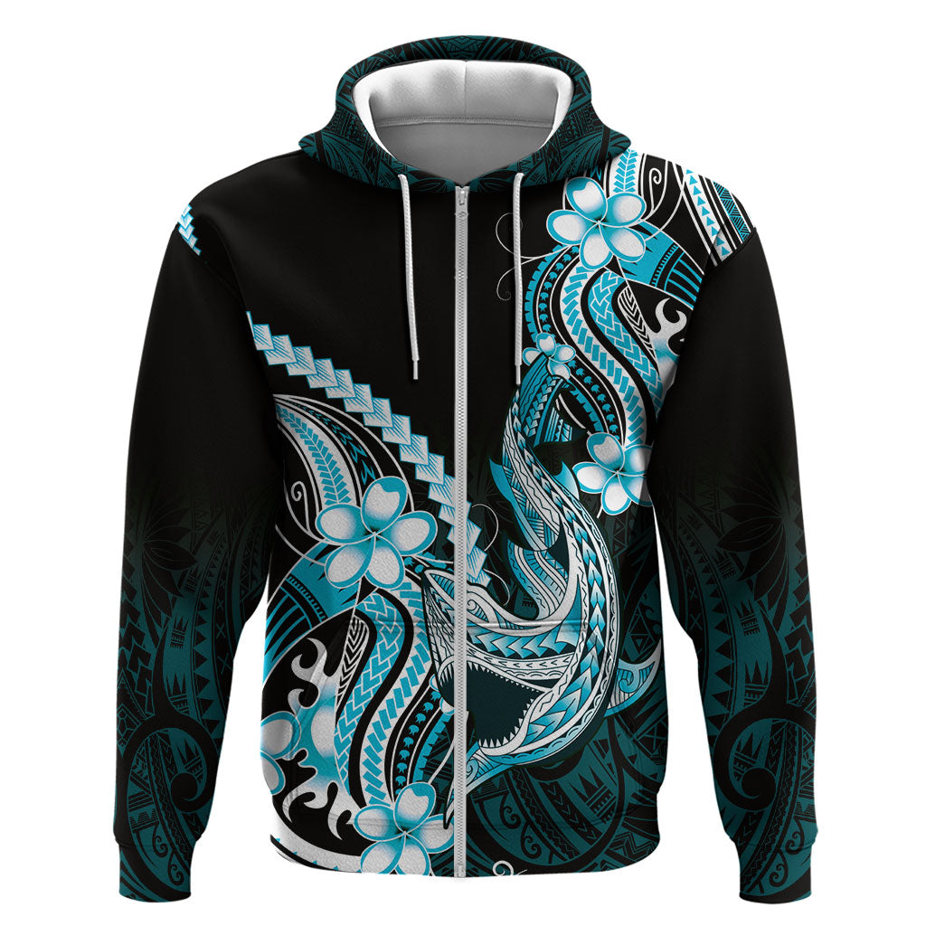 Blue Black Aloha Hawaii Hoodie Polynesian Shark Tattoo Plumeria LT14 Zip Hoodie Blue - Polynesian Pride