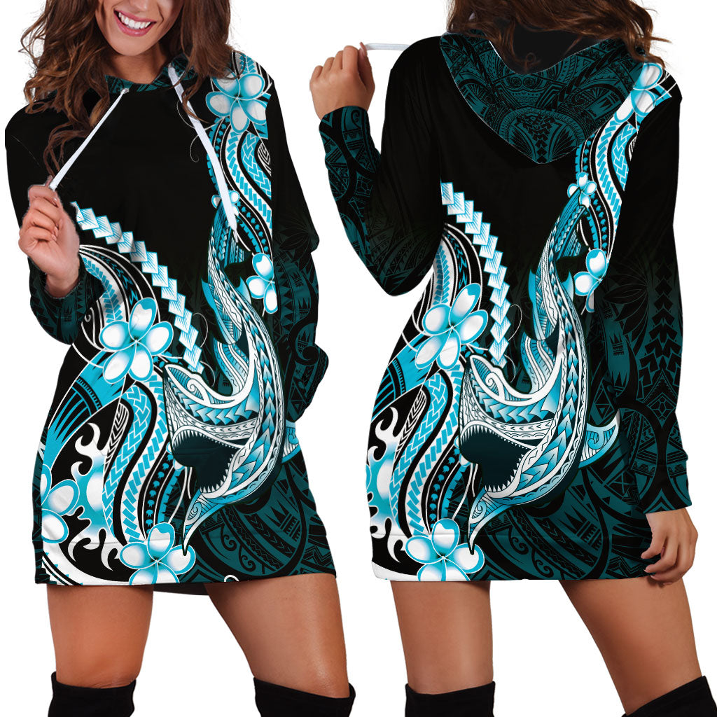 Blue Black Aloha Hawaii Hoodie Dress Polynesian Shark Tattoo Plumeria LT14 - Polynesian Pride