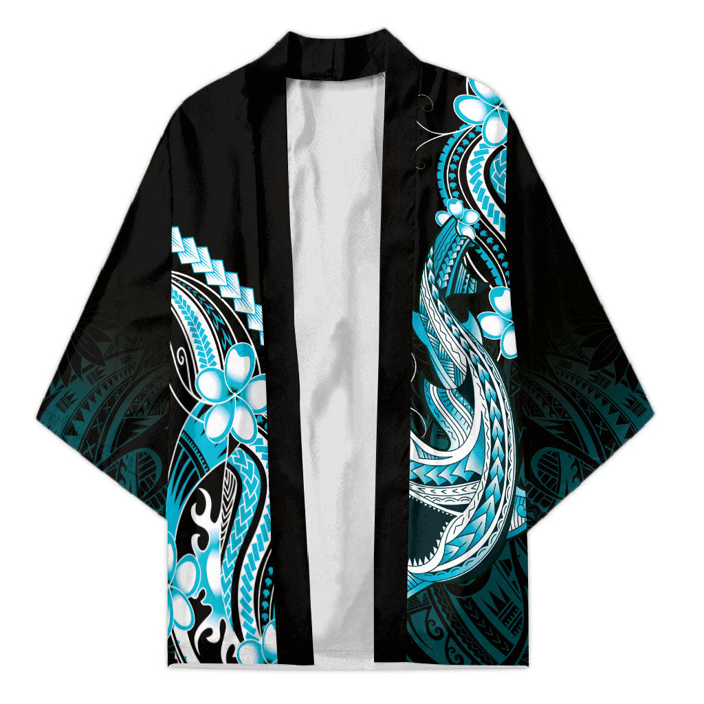 Blue Black Aloha Hawaii Kimono Polynesian Shark Tattoo Plumeria