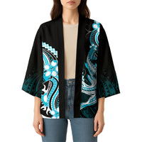 Blue Black Aloha Hawaii Kimono Polynesian Shark Tattoo Plumeria