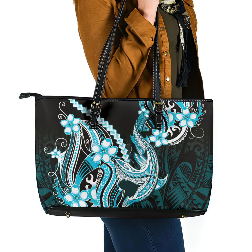 Blue Black Aloha Hawaii Leather Tote Bag Polynesian Shark Tattoo Plumeria