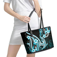 Blue Black Aloha Hawaii Leather Tote Bag Polynesian Shark Tattoo Plumeria