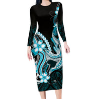 Blue Black Aloha Hawaii Long Sleeve Bodycon Dress Polynesian Shark Tattoo Plumeria LT14 Long Dress Blue - Polynesian Pride