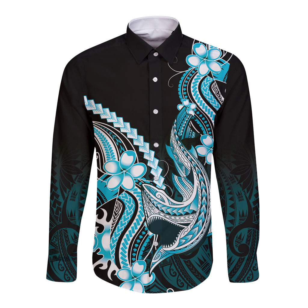 Blue Black Aloha Hawaii Long Sleeve Button Shirt Polynesian Shark Tattoo Plumeria