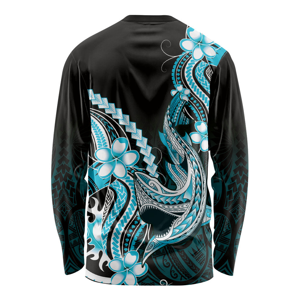 Blue Black Aloha Hawaii Long Sleeve Shirt Polynesian Shark Tattoo Plumeria