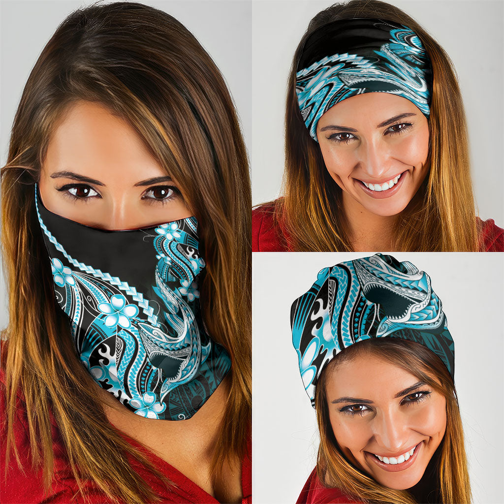 Blue Black Aloha Hawaii Neck Gaiter Polynesian Shark Tattoo Plumeria