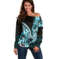 Blue Black Aloha Hawaii Off Shoulder Sweater Polynesian Shark Tattoo Plumeria LT14 Women Blue - Polynesian Pride
