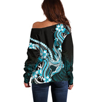 Blue Black Aloha Hawaii Off Shoulder Sweater Polynesian Shark Tattoo Plumeria LT14 - Polynesian Pride