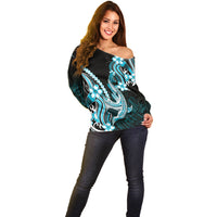 Blue Black Aloha Hawaii Off Shoulder Sweater Polynesian Shark Tattoo Plumeria LT14 - Polynesian Pride