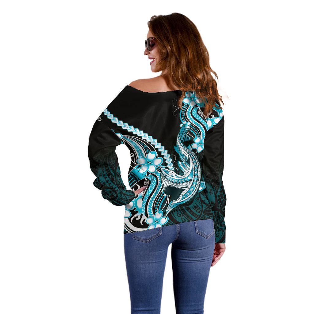 Blue Black Aloha Hawaii Off Shoulder Sweater Polynesian Shark Tattoo Plumeria LT14 - Polynesian Pride