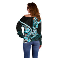 Blue Black Aloha Hawaii Off Shoulder Sweater Polynesian Shark Tattoo Plumeria LT14 - Polynesian Pride
