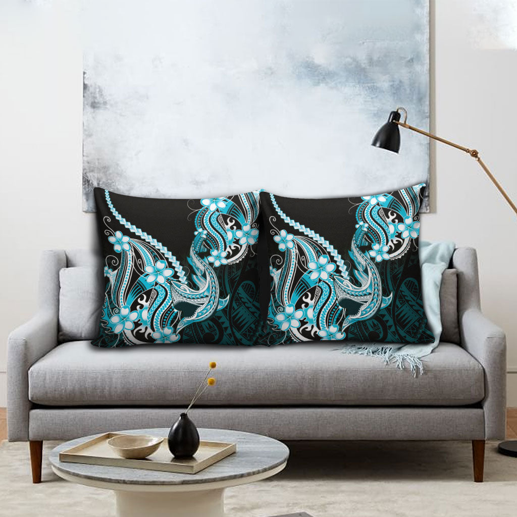 Blue Black Aloha Hawaii Pillow Cover Polynesian Shark Tattoo Plumeria
