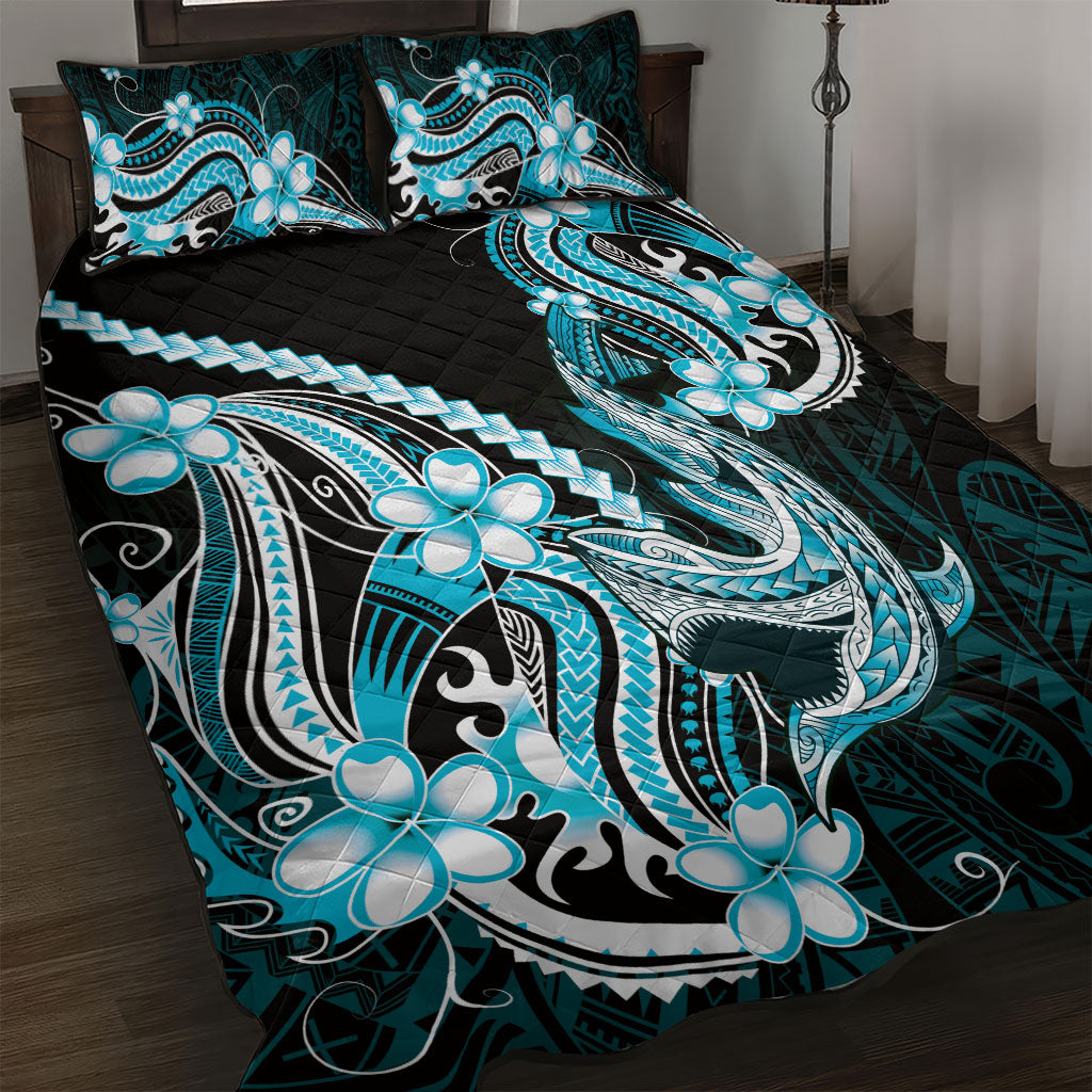 Blue Black Aloha Hawaii Quilt Bed Set Polynesian Shark Tattoo Plumeria