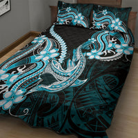 Blue Black Aloha Hawaii Quilt Bed Set Polynesian Shark Tattoo Plumeria