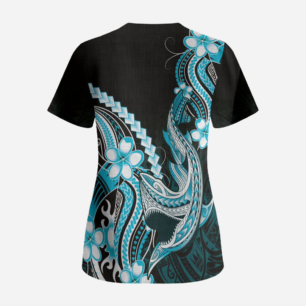Blue Black Aloha Hawaii Scrub Top Polynesian Shark Tattoo Plumeria