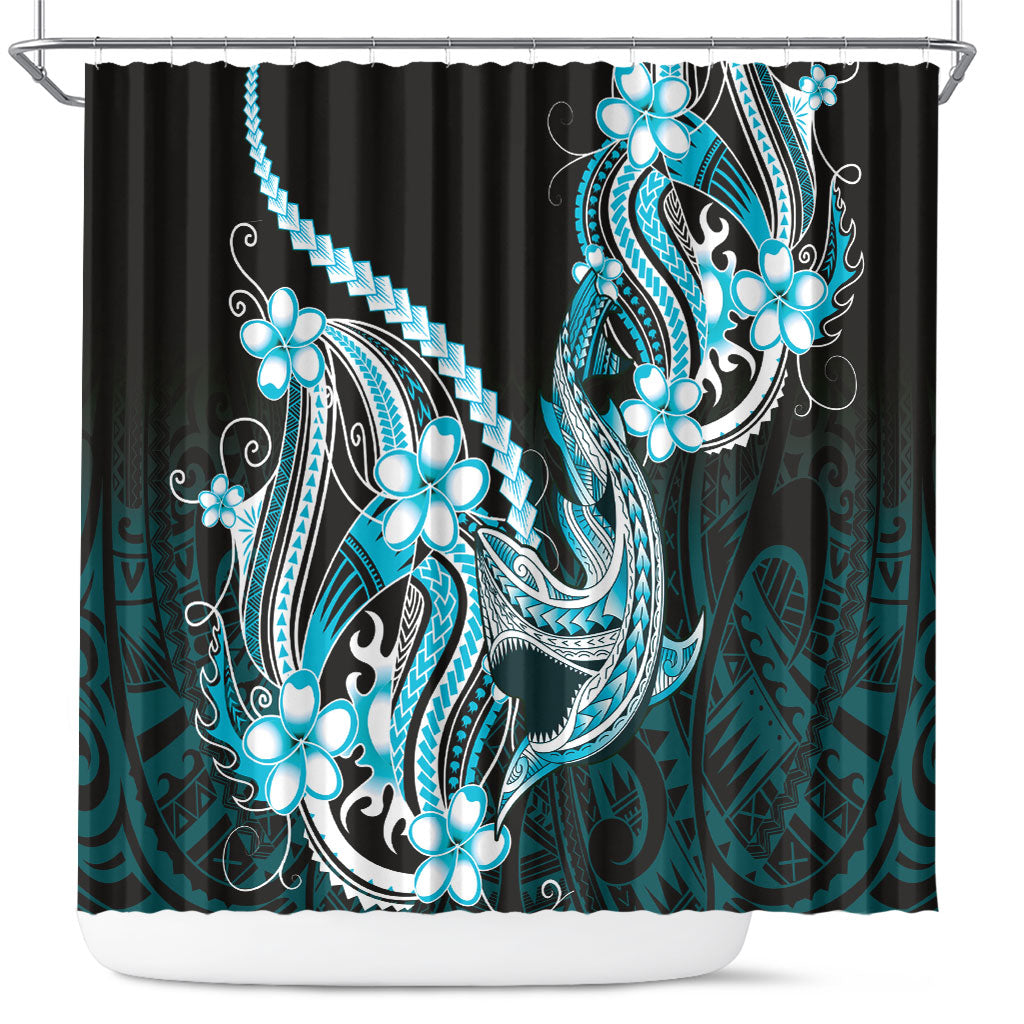Blue Black Aloha Hawaii Shower Curtain Polynesian Shark Tattoo Plumeria