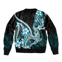 Blue Black Aloha Hawaii Sleeve Zip Bomber Jacket Polynesian Shark Tattoo Plumeria