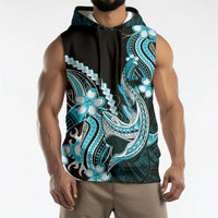 Blue Black Aloha Hawaii Sleeveless Hoodie Polynesian Shark Tattoo Plumeria