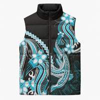 Blue Black Aloha Hawaii Sleeveless Puffer Jacket Polynesian Shark Tattoo Plumeria LT14 Unisex Blue - Polynesian Pride