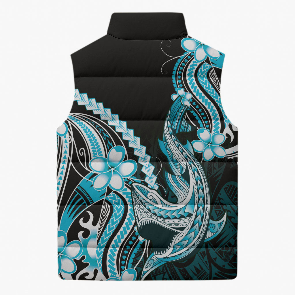 Blue Black Aloha Hawaii Sleeveless Puffer Jacket Polynesian Shark Tattoo Plumeria LT14 - Polynesian Pride