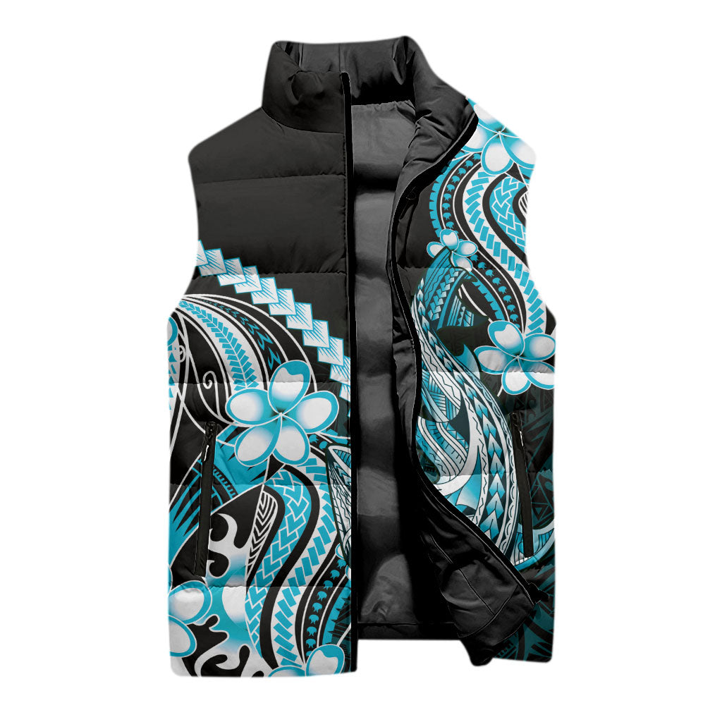 Blue Black Aloha Hawaii Sleeveless Puffer Jacket Polynesian Shark Tattoo Plumeria LT14 - Polynesian Pride