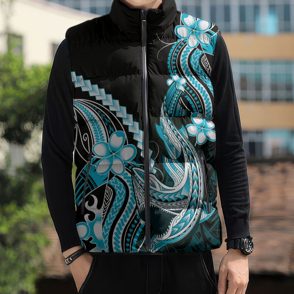 Blue Black Aloha Hawaii Sleeveless Puffer Jacket Polynesian Shark Tattoo Plumeria LT14 - Polynesian Pride