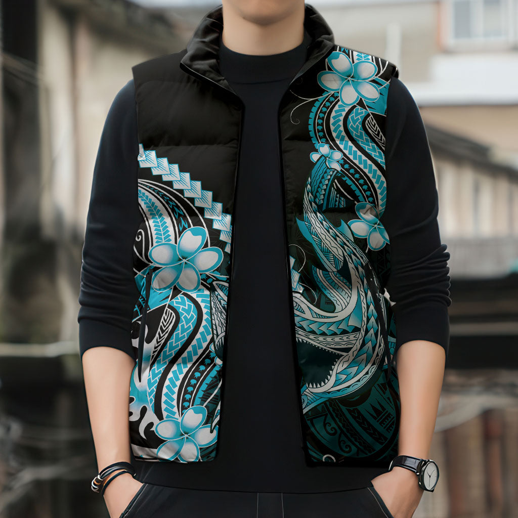 Blue Black Aloha Hawaii Sleeveless Puffer Jacket Polynesian Shark Tattoo Plumeria LT14 - Polynesian Pride