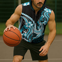 Blue Black Aloha Hawaii Sleeveless Zip Hoodie Polynesian Shark Tattoo Plumeria