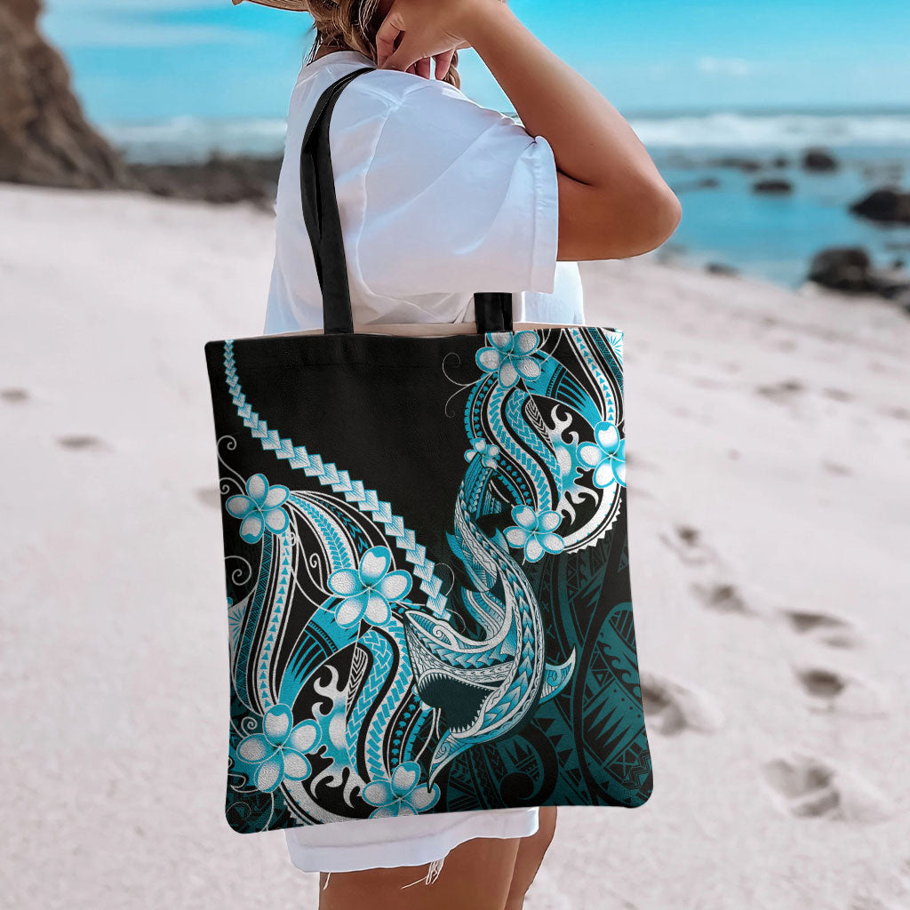 Blue Black Aloha Hawaii Tote Bag Polynesian Shark Tattoo Plumeria