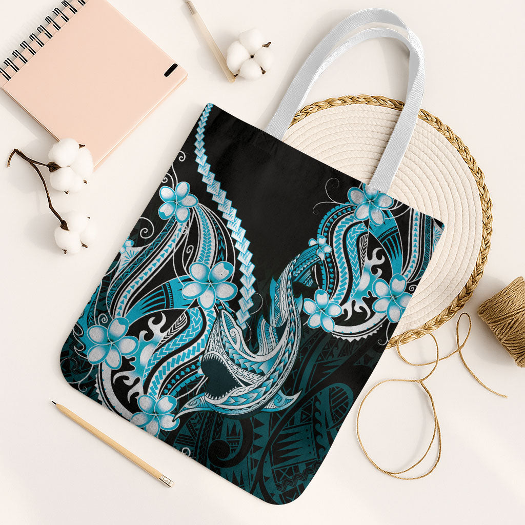 Blue Black Aloha Hawaii Tote Bag Polynesian Shark Tattoo Plumeria